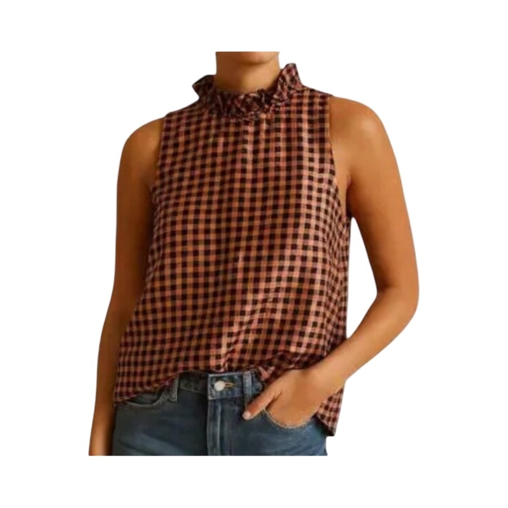 J. Crew Ruffleneck Sleeveless Metallic Top in Lurex Crinkle Gingham Size XS